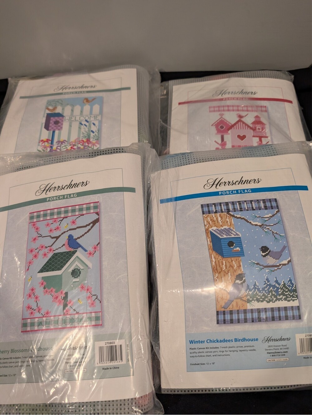 4 Herrschners Birdhouse Porch Flag Plastic Canvas Kits Chickadees Wildflowers